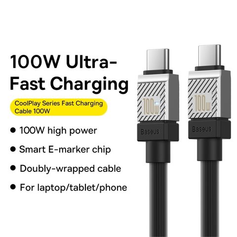 USB кабель Baseus Coolplay Series, 2xUSB тип-C, 100 см, 100 Вт, черный, силиконовый, #CAKW000201 Превью 2
